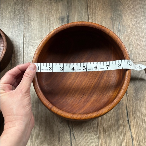 Vintage Mid Century Teak Wood Salad Bowl Set Large 9” Serving Bowl Two 6” Bowls - Picture 7 of 16